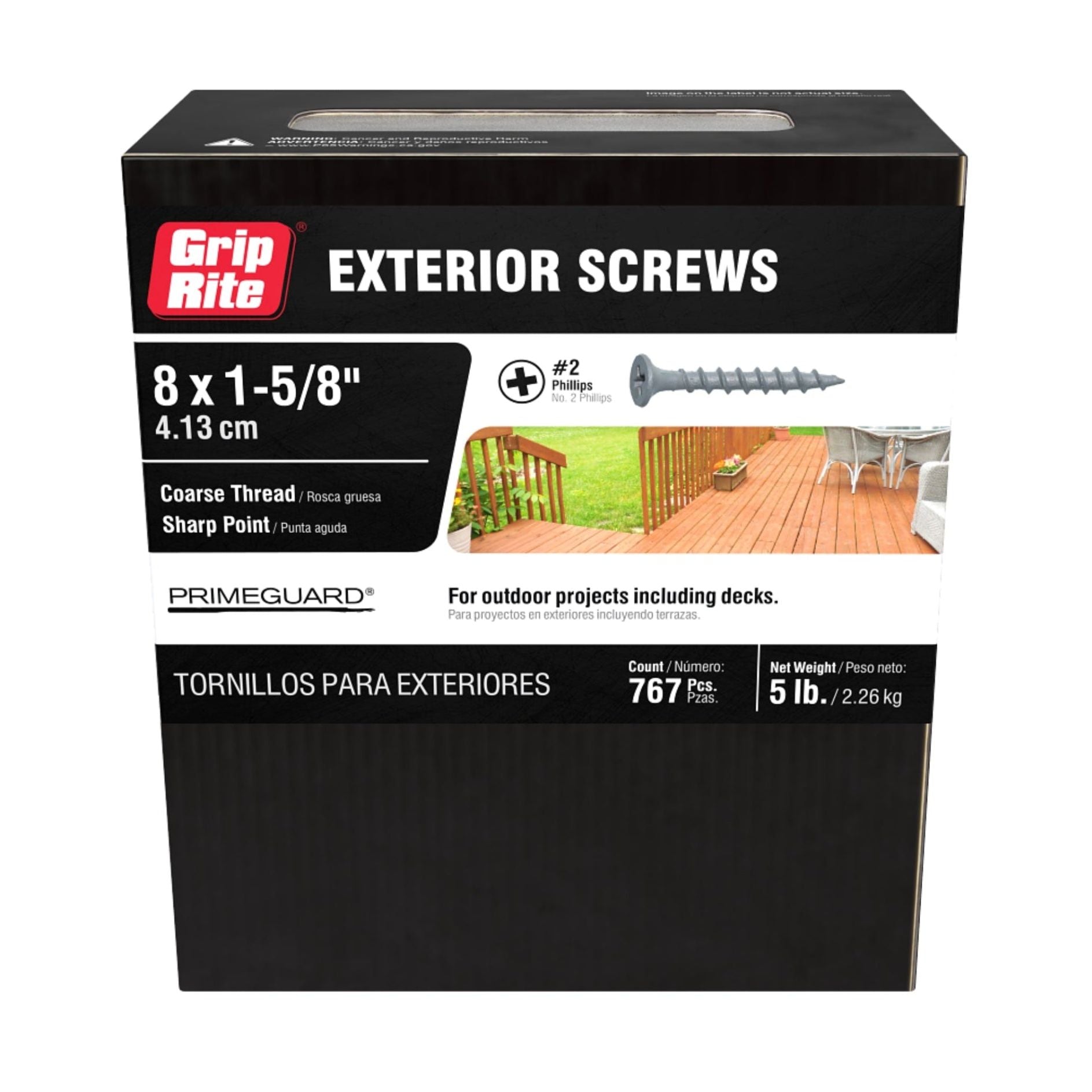 A box of Grip-Rite PTN158S5 #8 x 1-5/8 in. #2 Phillips Bugle Head Coarse Thread PrimeGuard Deck Exterior Screws is displayed on a white background. Ideal for decks, this 5-pound pack contains 767 screws, perfect for outdoor building projects.